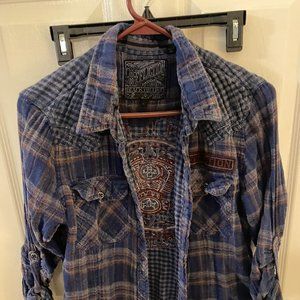 Affliction plaid button up top womens